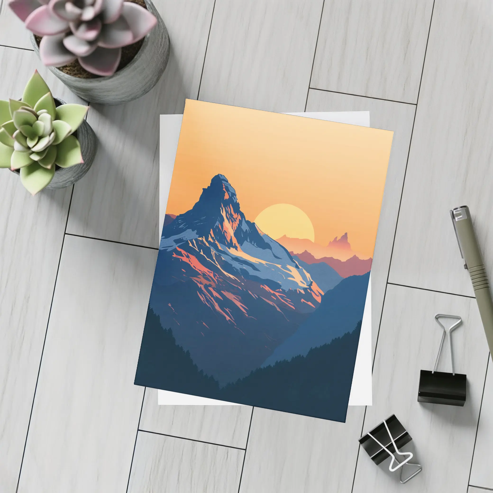 Matterhorn Mountain Sunset Orange Sky Illustration – Postcards
