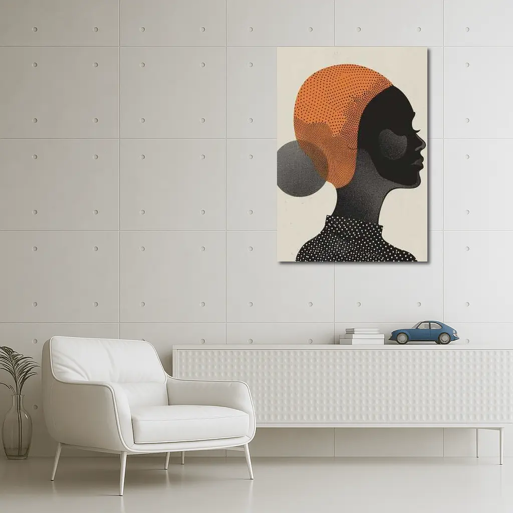 Black Woman Silhouette Portrait Orange Dotted Abstract – Wall Art