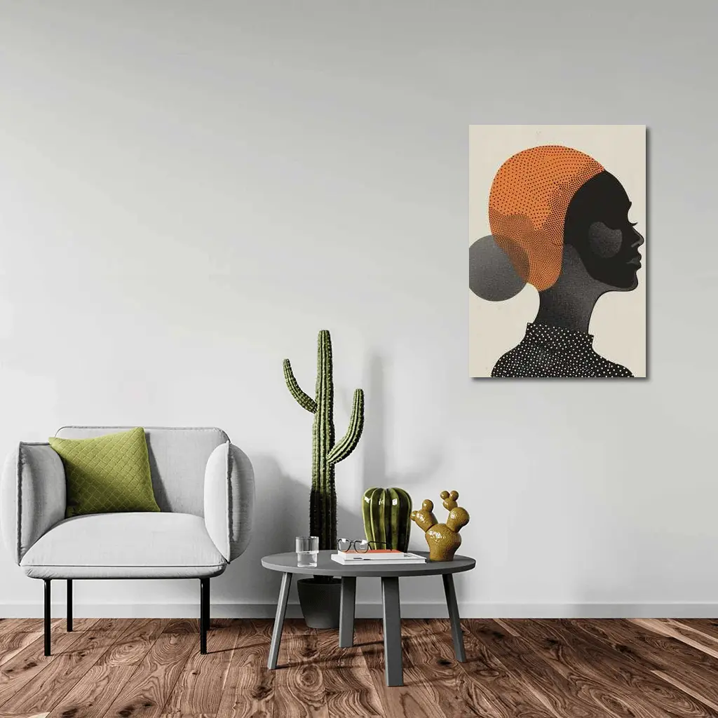 Black Woman Silhouette Portrait Orange Dotted Abstract – Wall Art