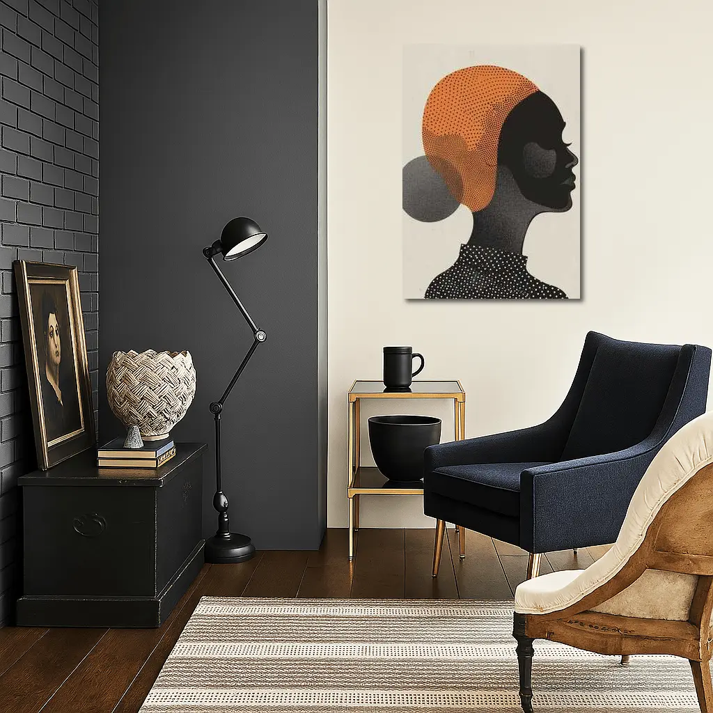 Black Woman Silhouette Portrait Orange Dotted Abstract – Wall Art