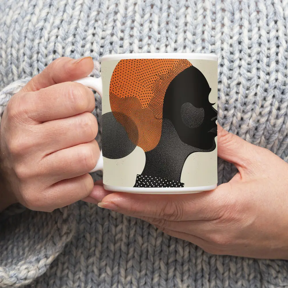 Black Woman Silhouette Portrait Orange Dotted Abstract – Mugs