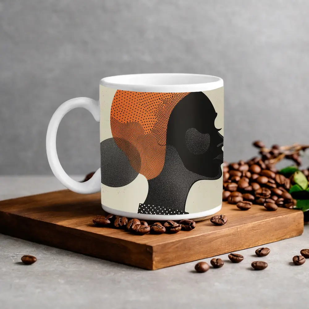 Black Woman Silhouette Portrait Orange Dotted Abstract – Mugs