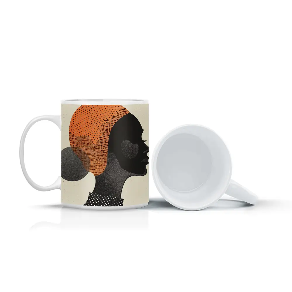Black Woman Silhouette Portrait Orange Dotted Abstract – Mugs