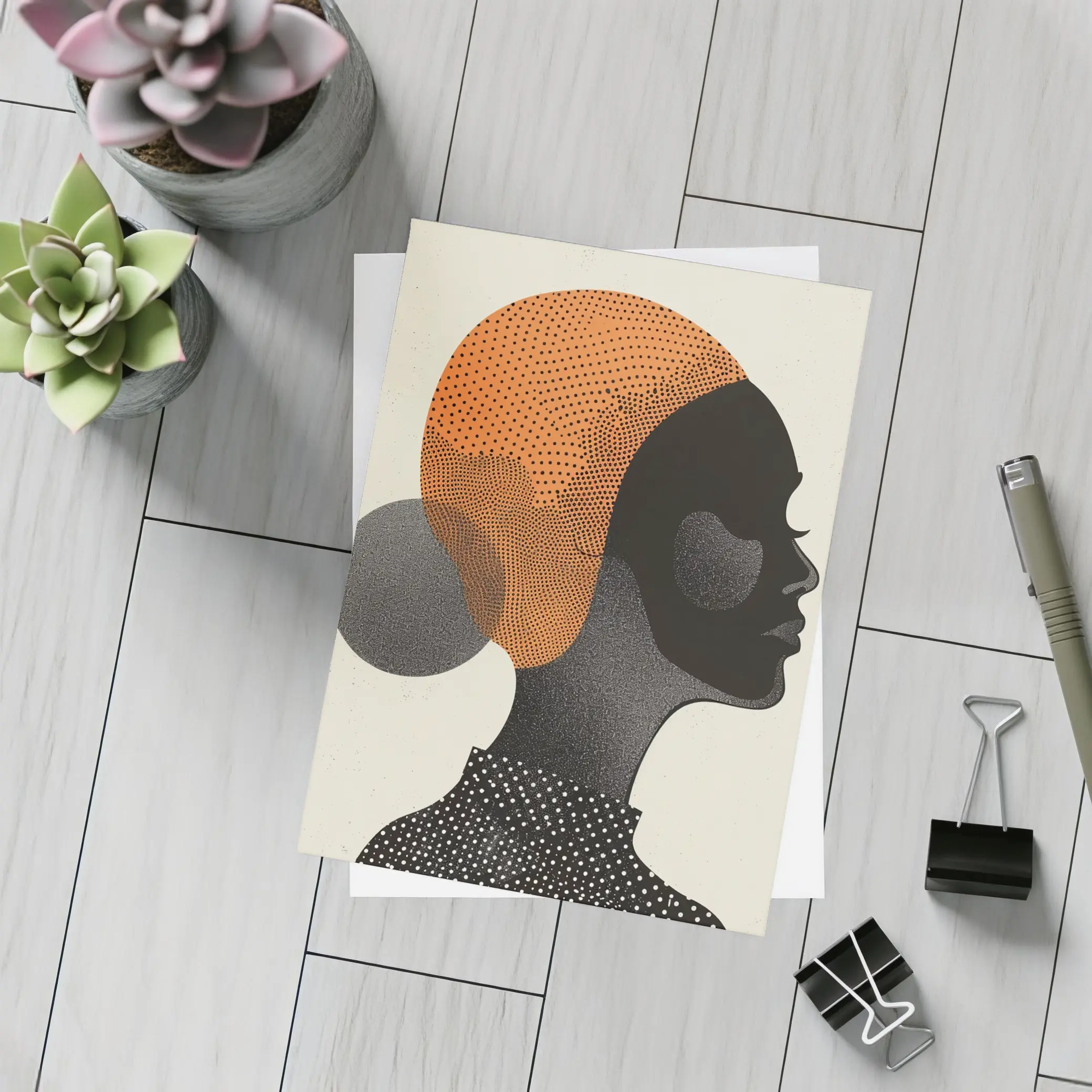 Black Woman Silhouette Portrait Orange Dotted Abstract – Postcards