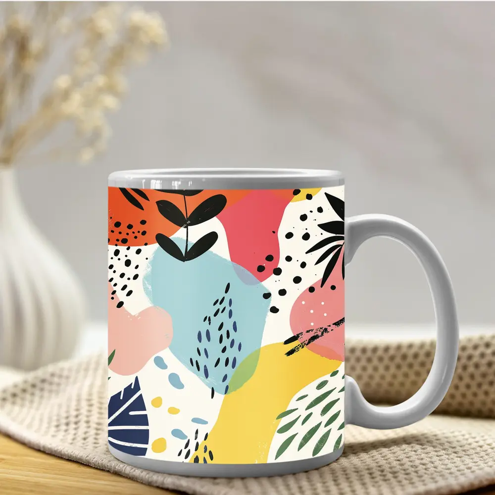 Colorful Abstract Botanical Shapes Mixed Media Art – Mugs
