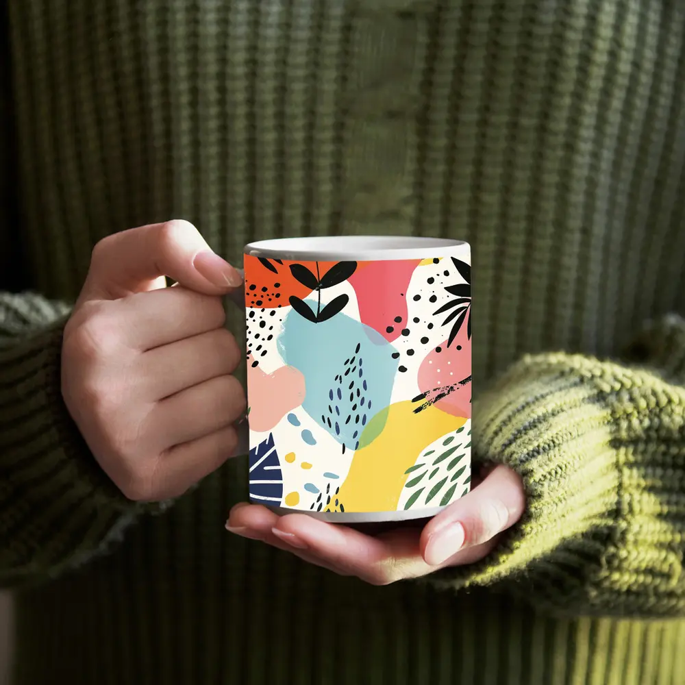 Colorful Abstract Botanical Shapes Mixed Media Art – Mugs