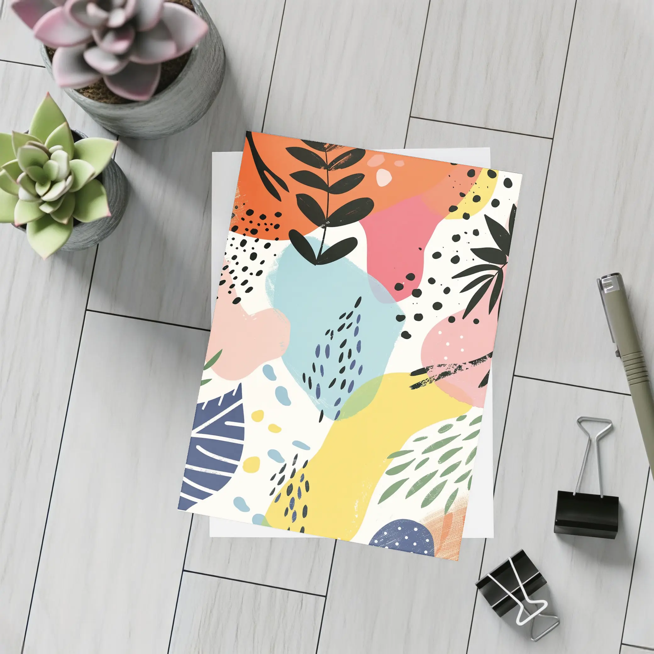 Colorful Abstract Botanical Shapes Mixed Media Art – Postcards
