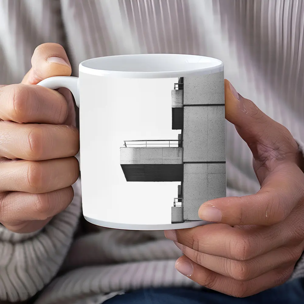 Brutalist Concrete Balcony Building Black White – Mugs