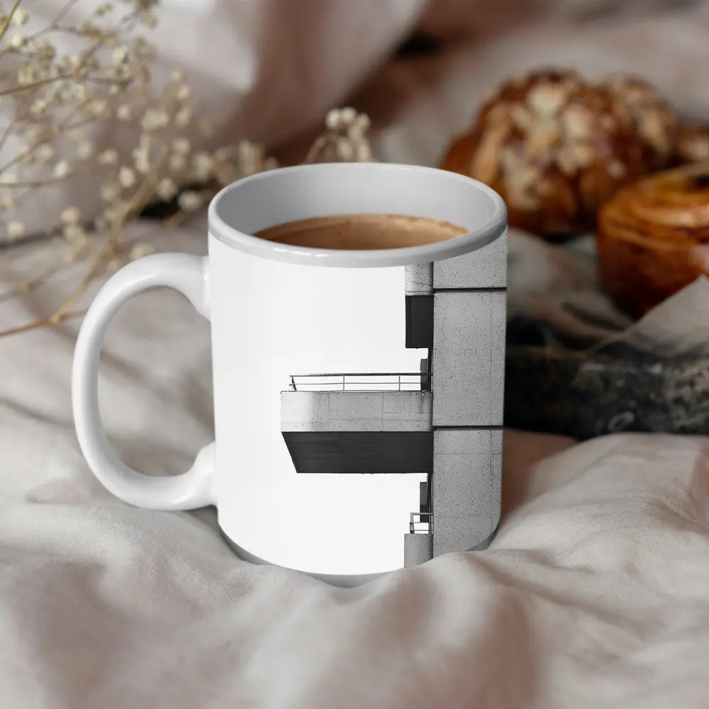 Brutalist Concrete Balcony Building Black White – Mugs