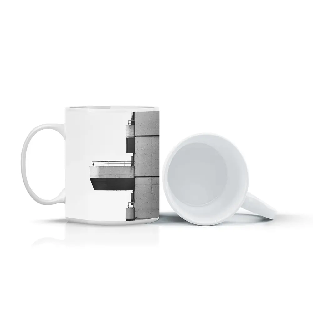 Brutalist Concrete Balcony Building Black White – Mugs