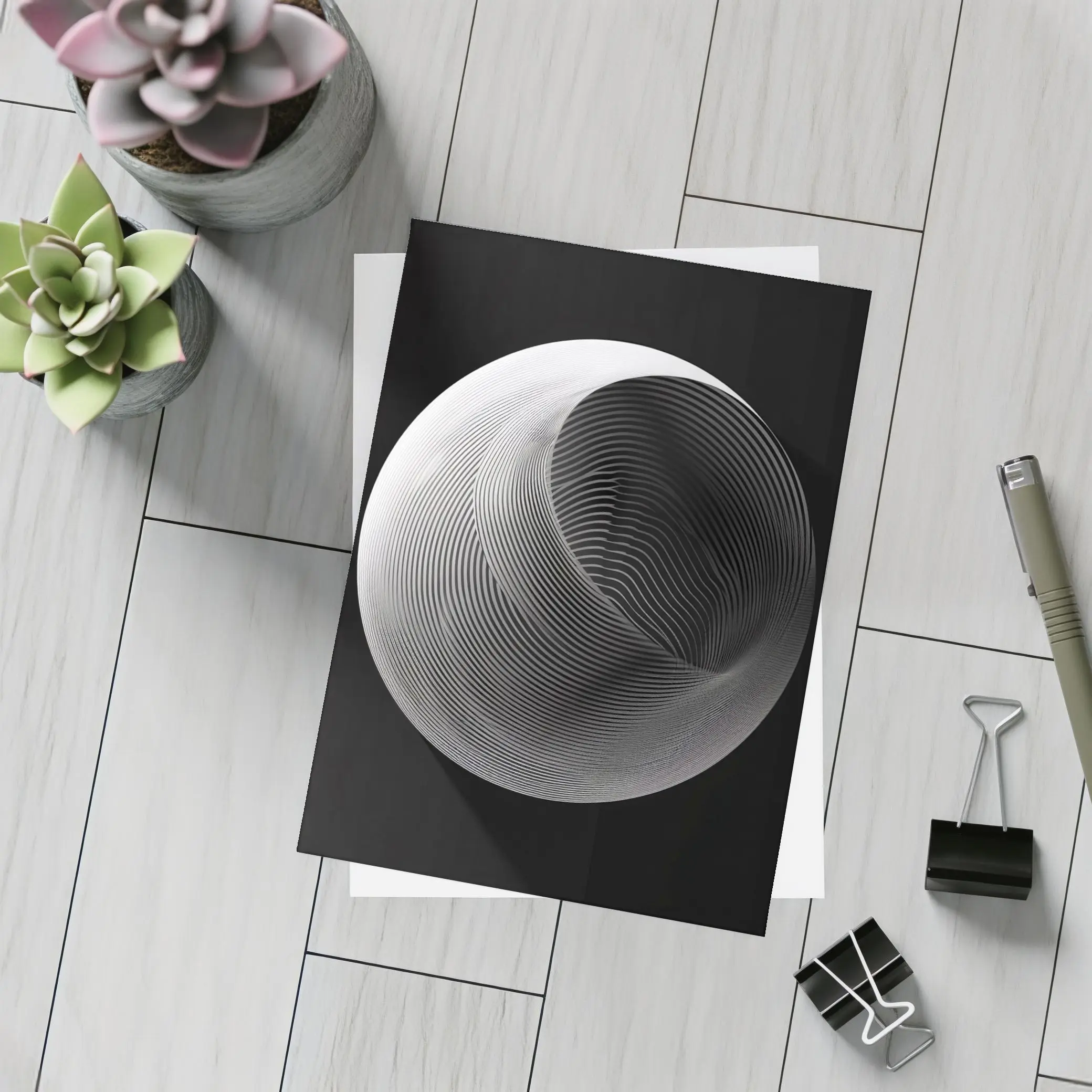 Abstract Sphere Concentric Lines Black Background – Postcards
