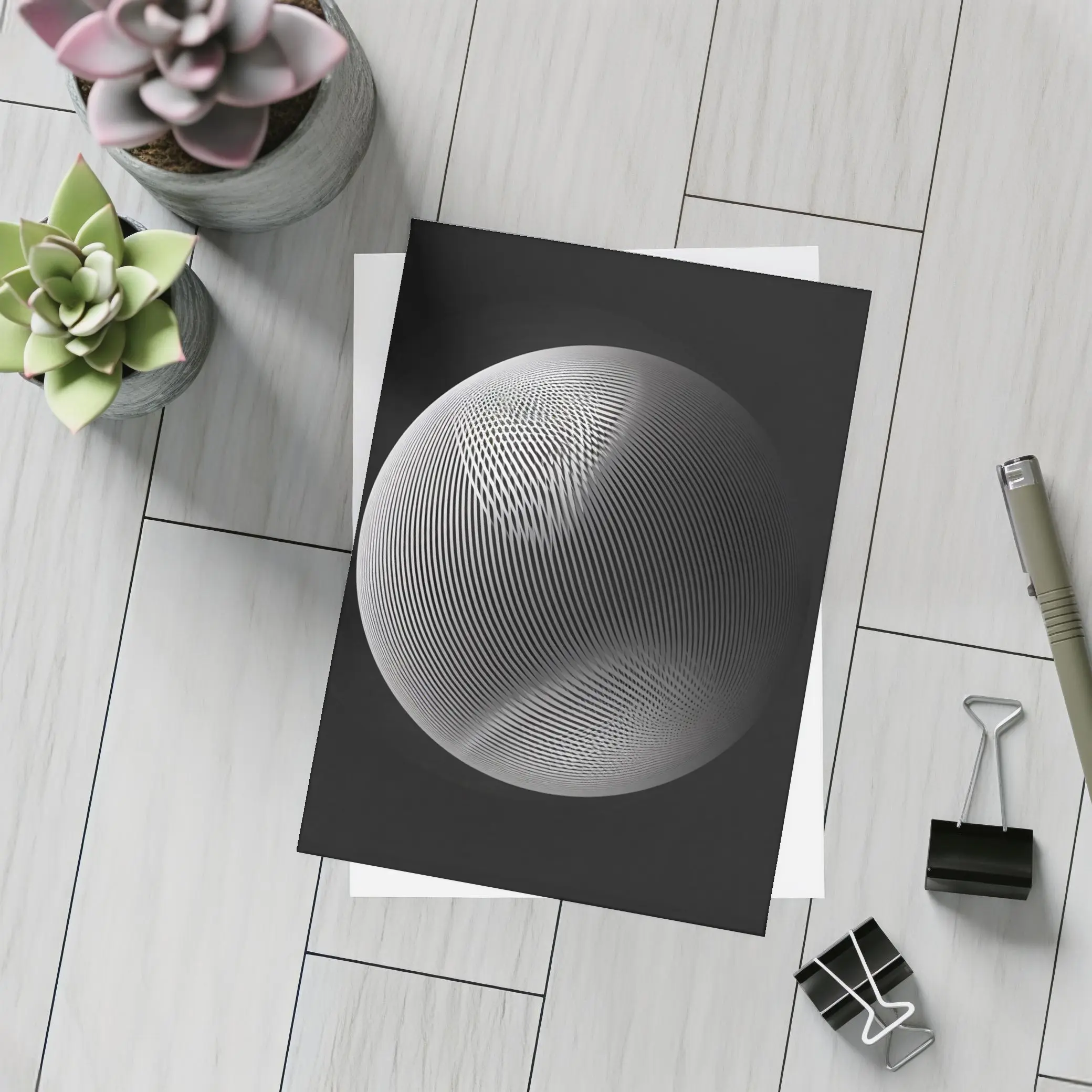 Geometric Line Sphere Black Background Abstract – Postcards