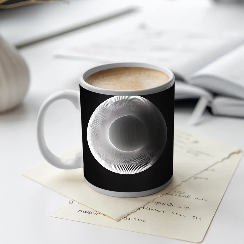 White Geometric Torus Form Black Background – Mugs