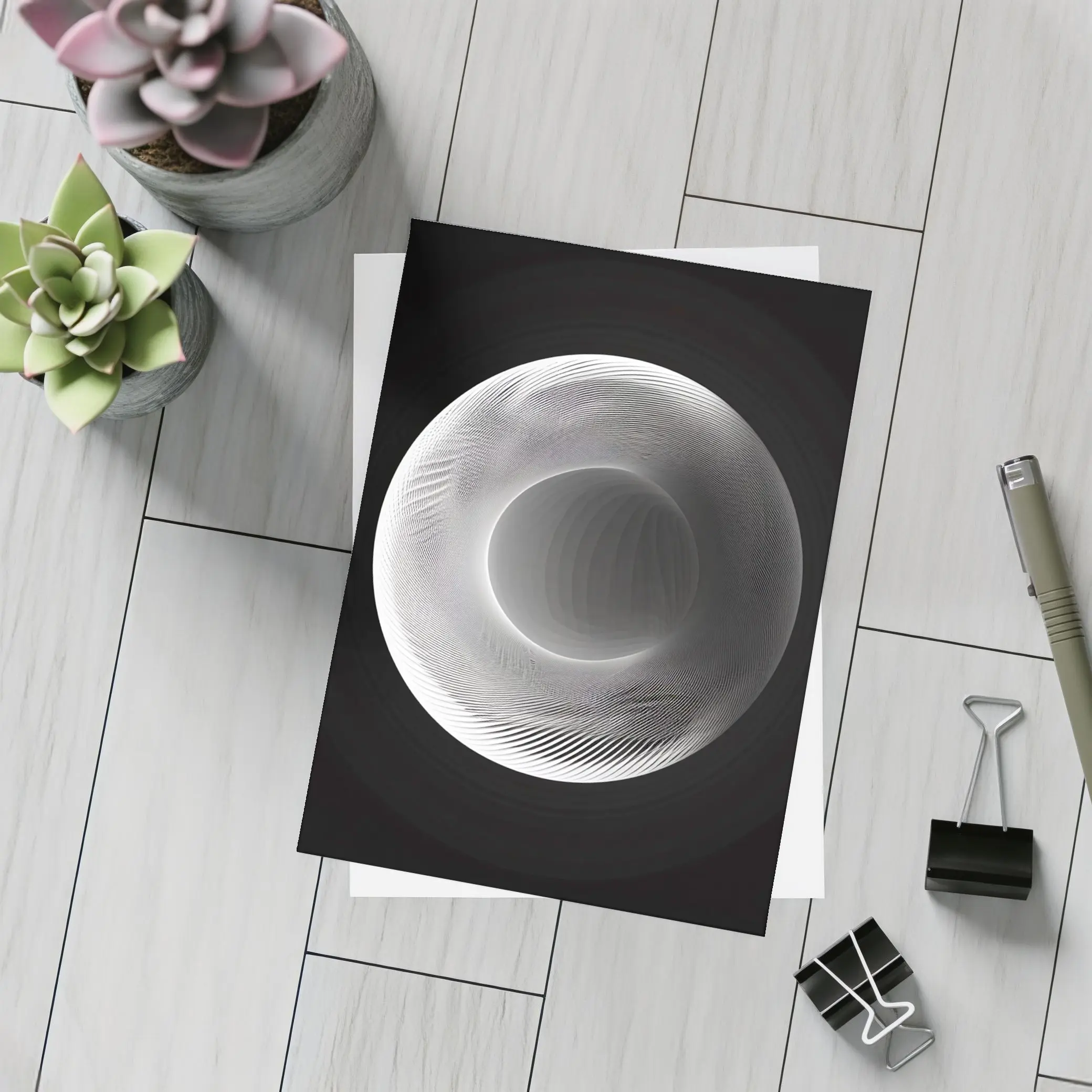 White Geometric Torus Form Black Background – Postcards