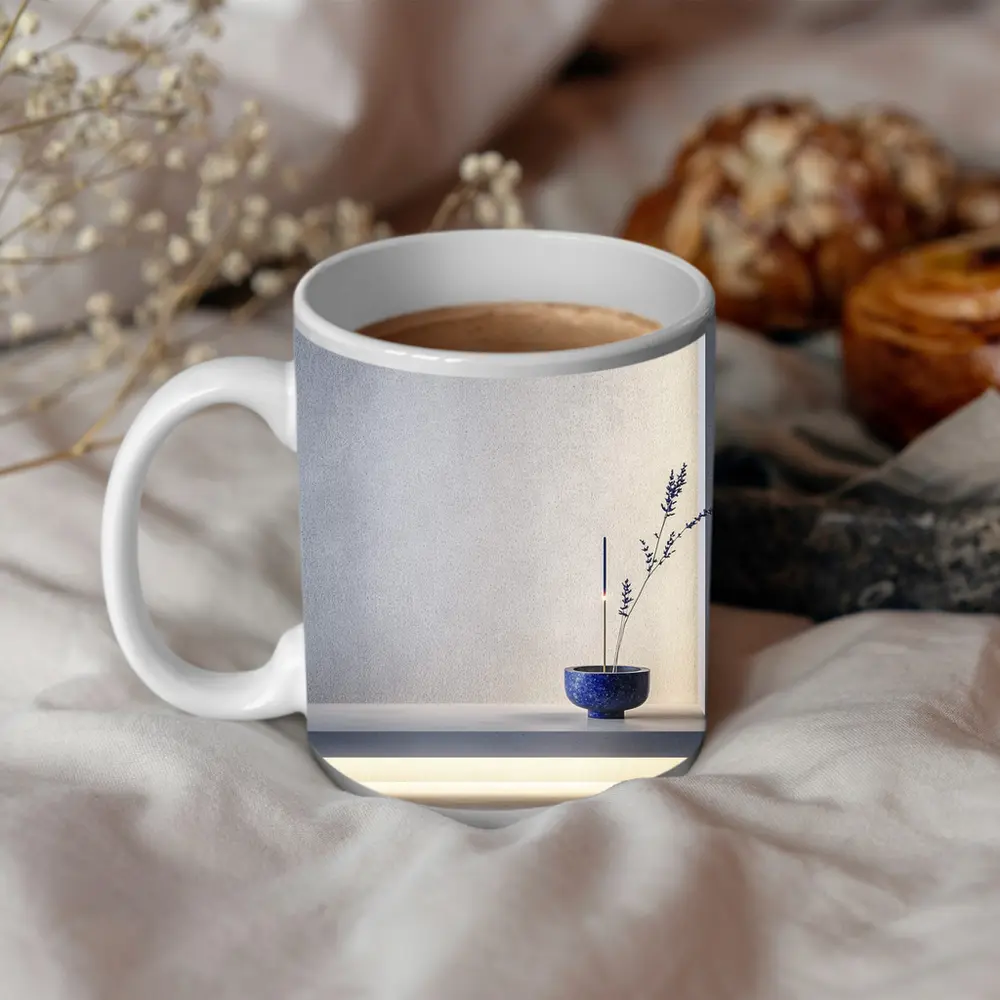 Blue Ceramic Bowl Lavender Stems Minimal – Mugs
