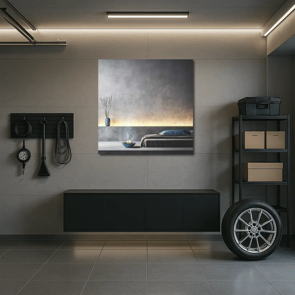 Minimalist Gray Bedroom Interior Warm Lighting – Wall Art