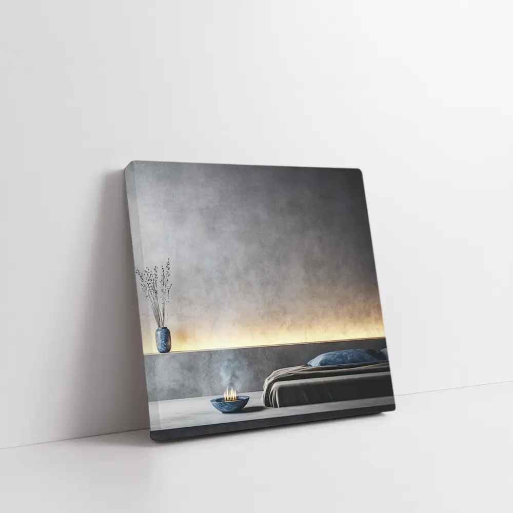 Minimalist Gray Bedroom Interior Warm Lighting – Wall Art