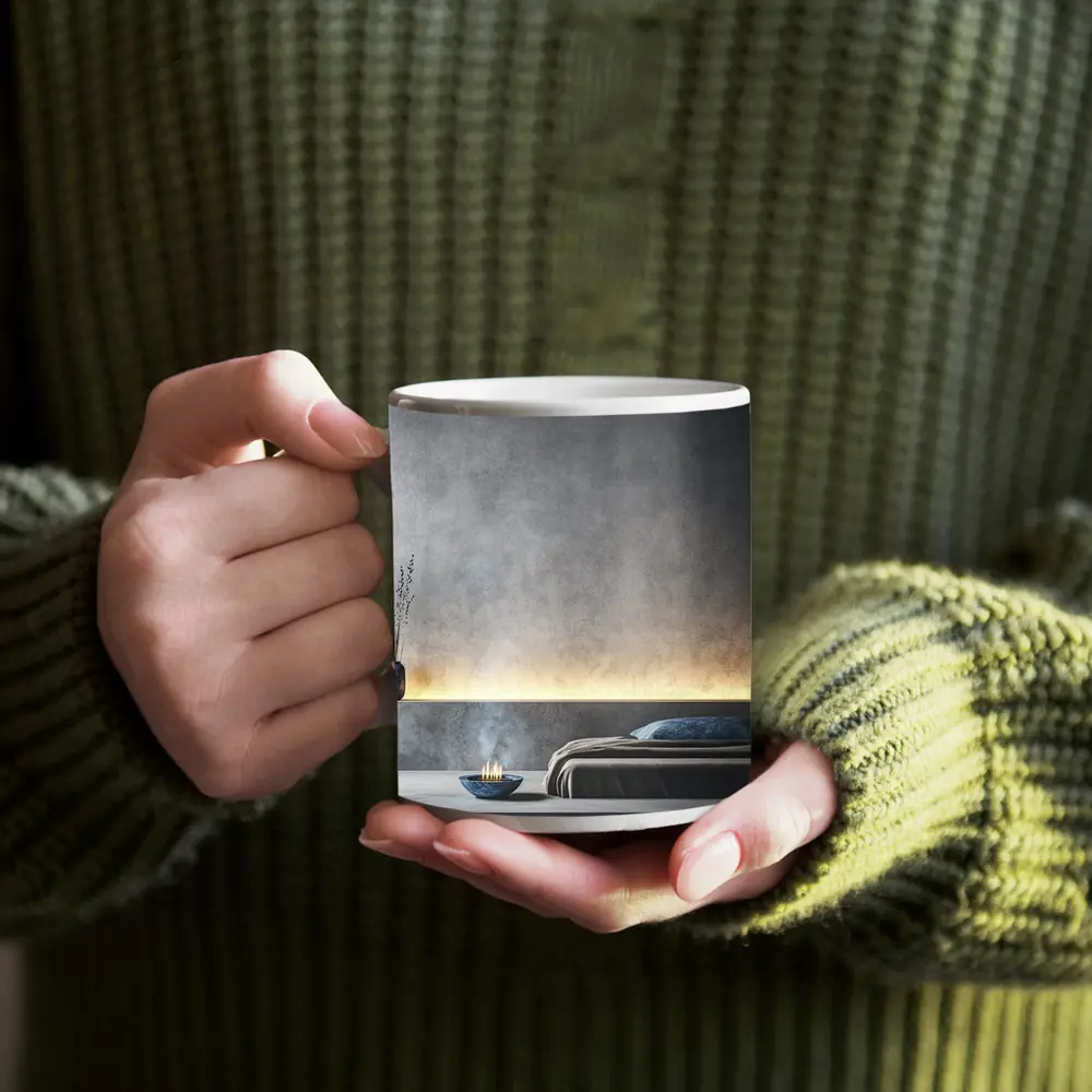 Minimalist Gray Bedroom Interior Warm Lighting – Mugs