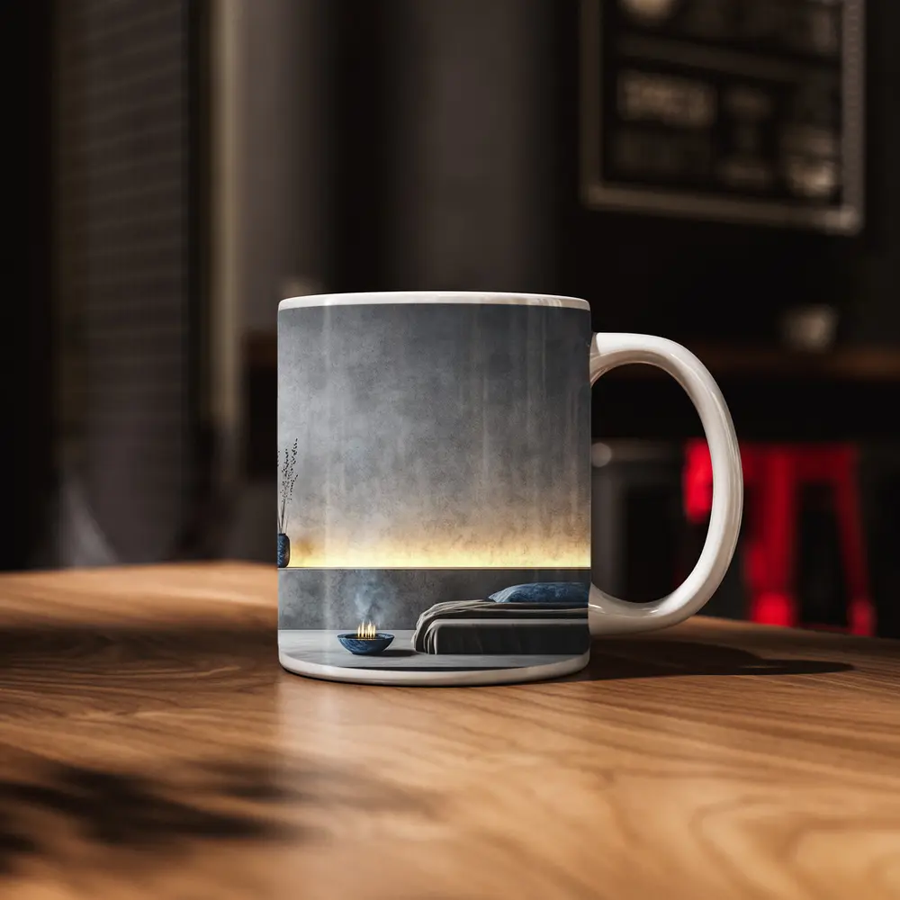 Minimalist Gray Bedroom Interior Warm Lighting – Mugs