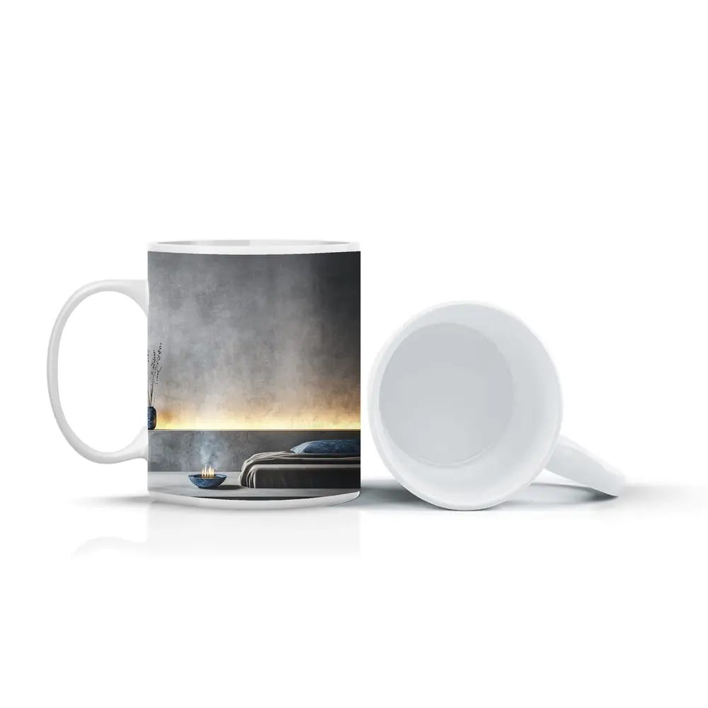 Minimalist Gray Bedroom Interior Warm Lighting – Mugs