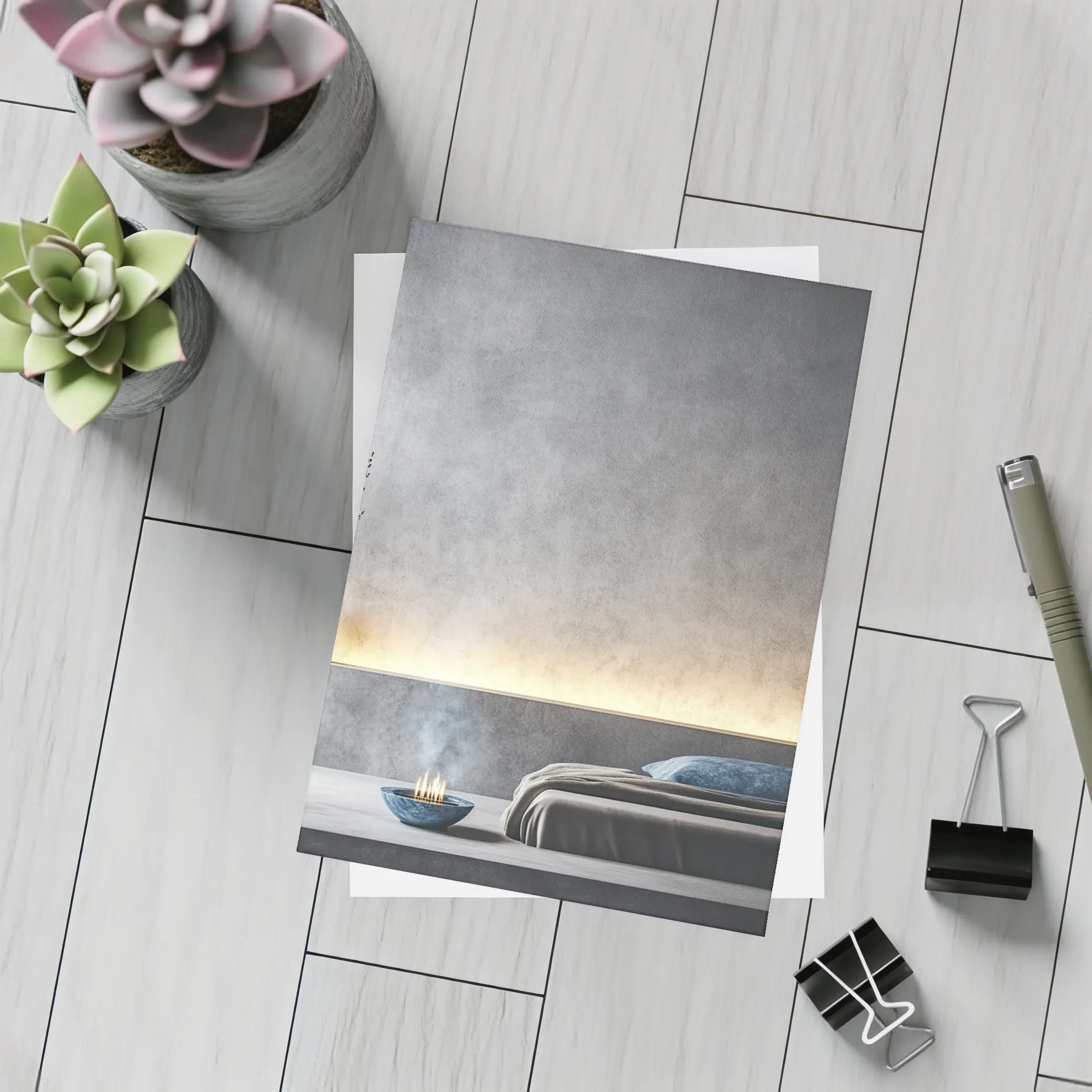 Minimalist Gray Bedroom Interior Warm Lighting – Postcards