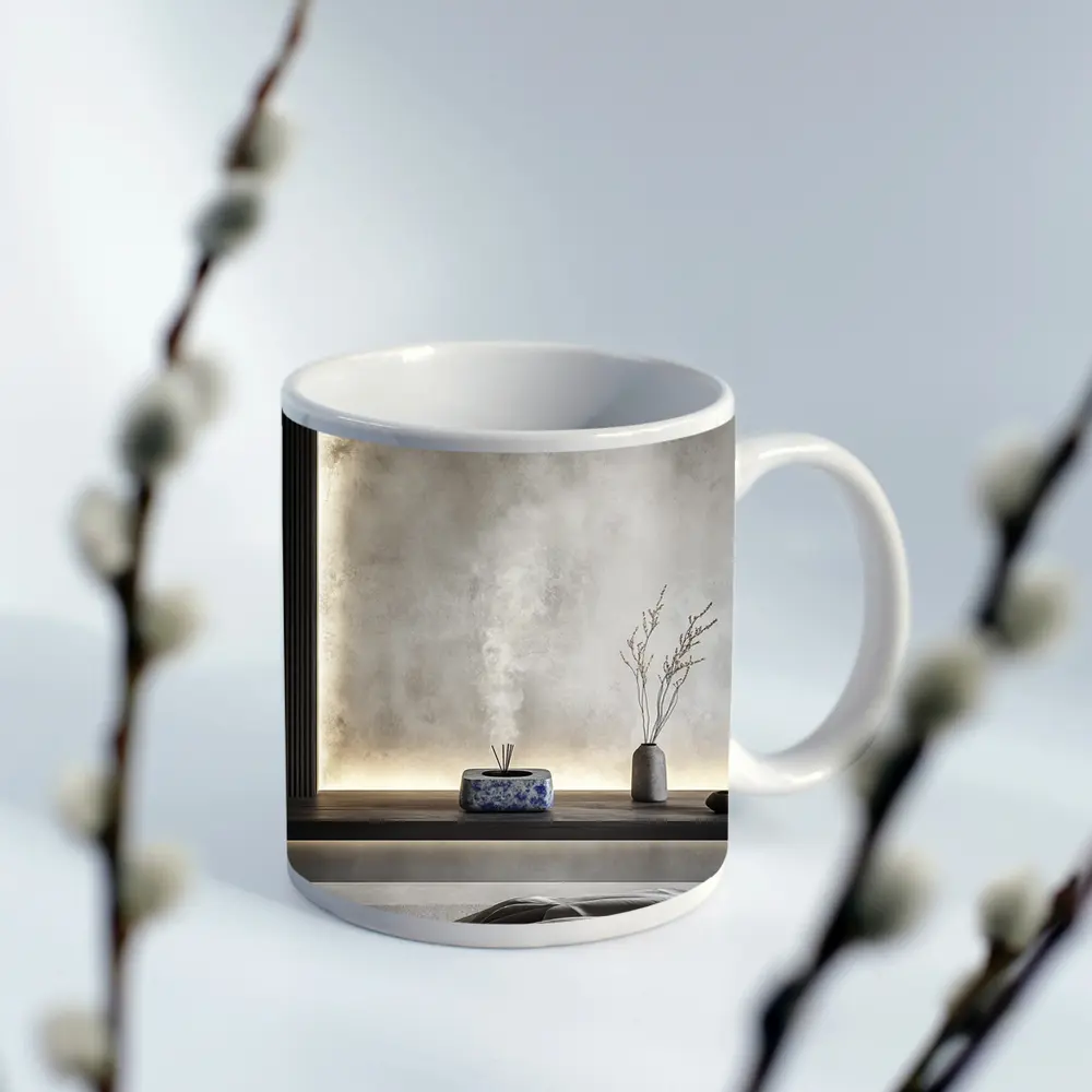 Japanese Minimal Calm Bedroom Interior Gray Wall – Mugs