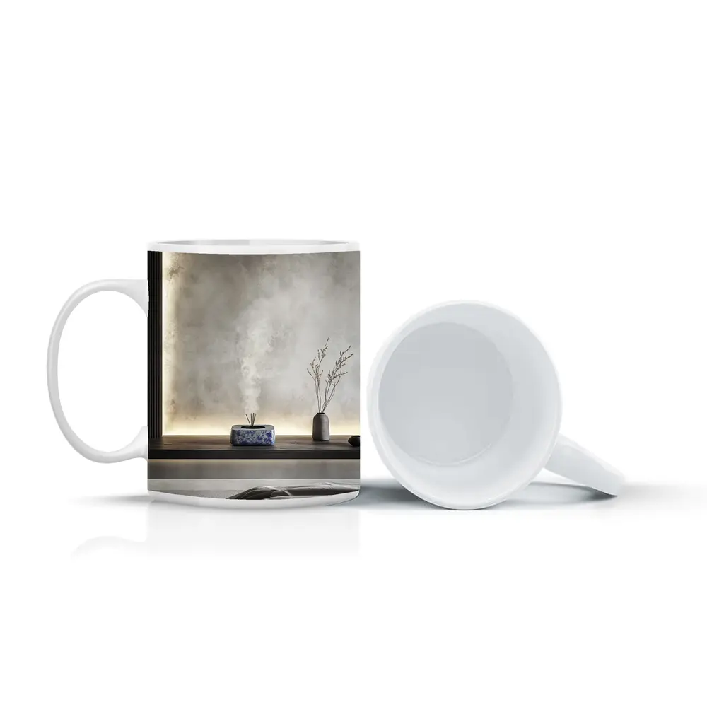 Japanese Minimal Calm Bedroom Interior Gray Wall – Mugs