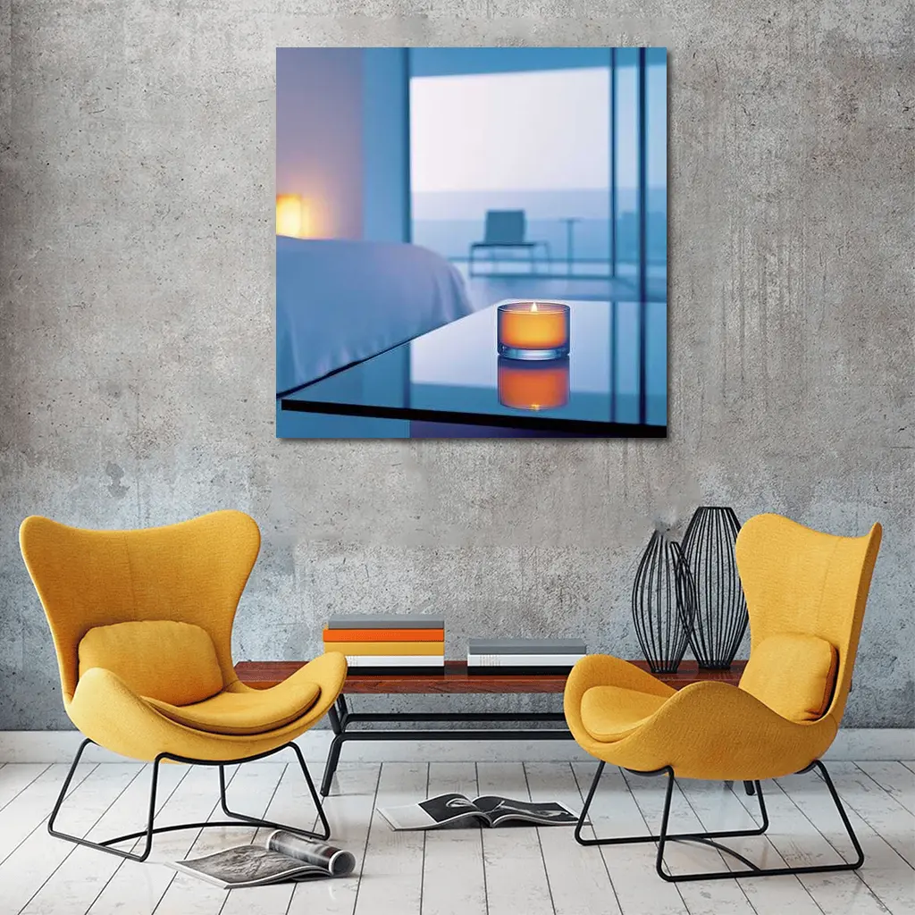 Glowing Candle Modern Bedroom Ocean View – Wall Art
