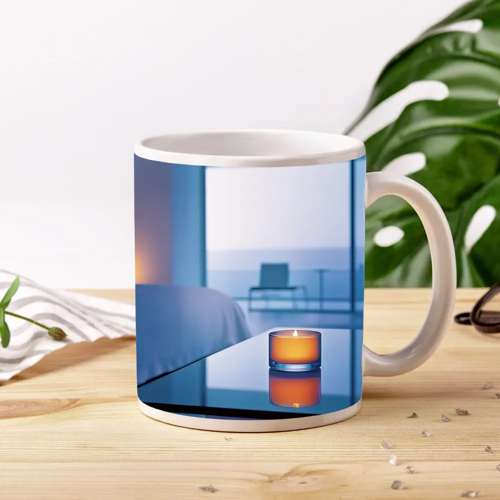 Glowing Candle Modern Bedroom Ocean View – Mugs