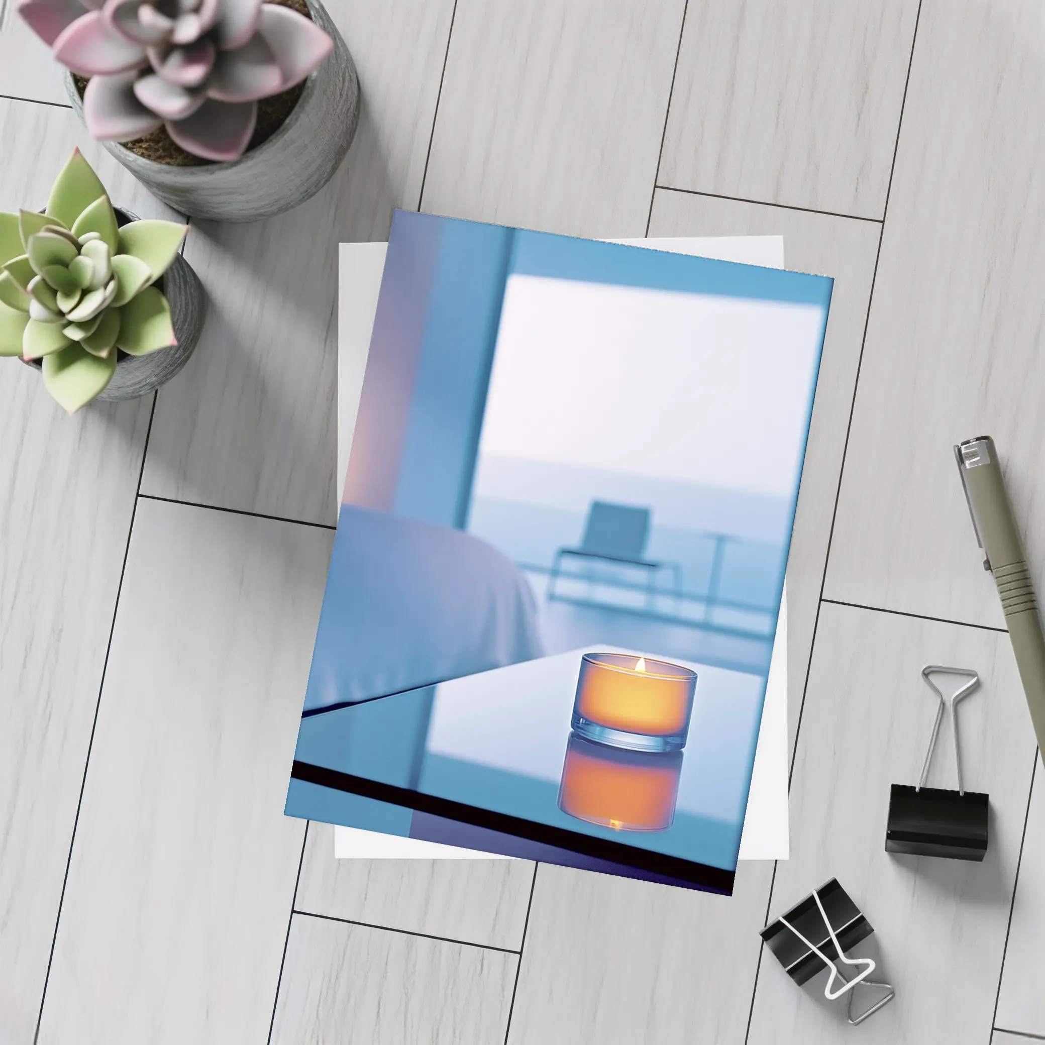 Glowing Candle Modern Bedroom Ocean View – Postcards