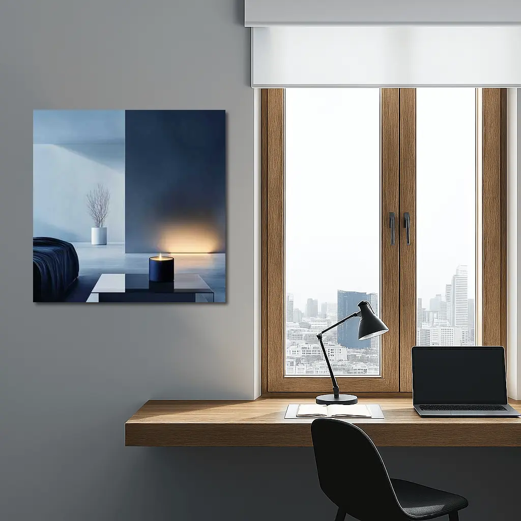 Minimal Dark Blue Room Glowing Candle – Wall Art