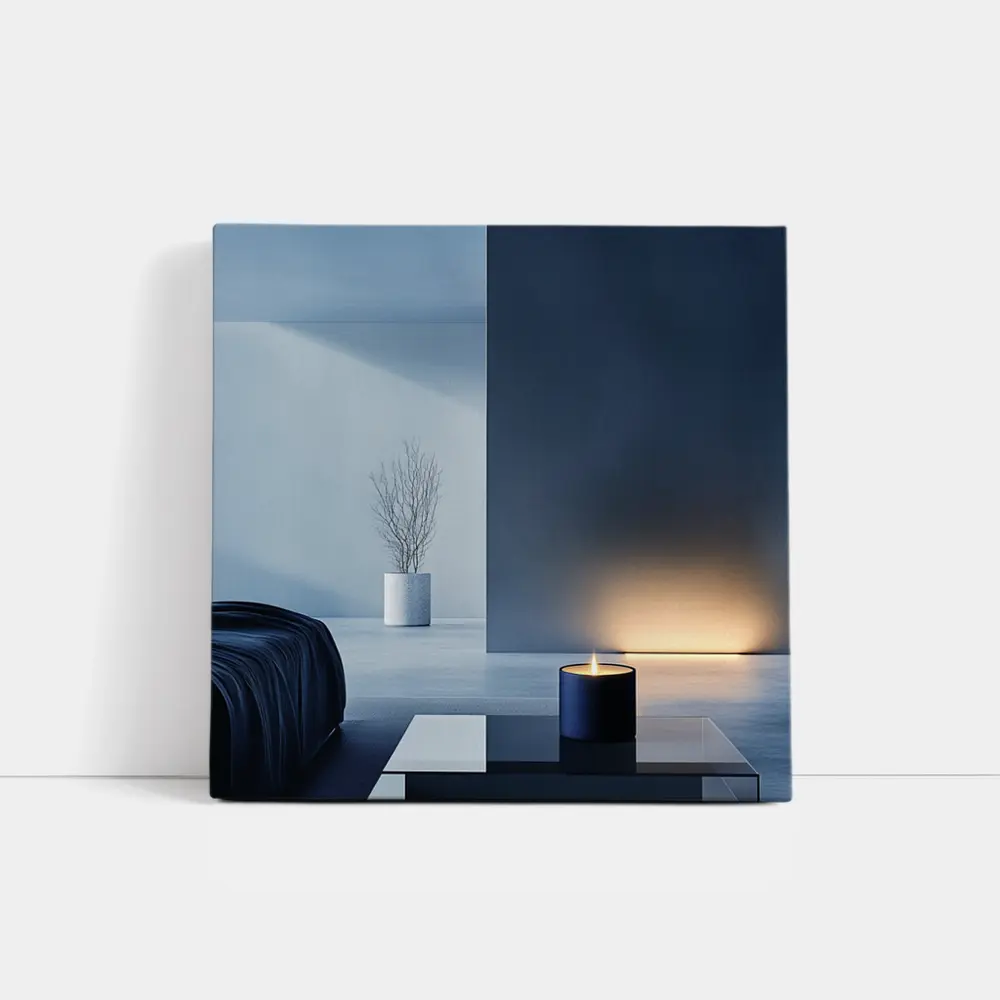 Minimal Dark Blue Room Glowing Candle – Wall Art