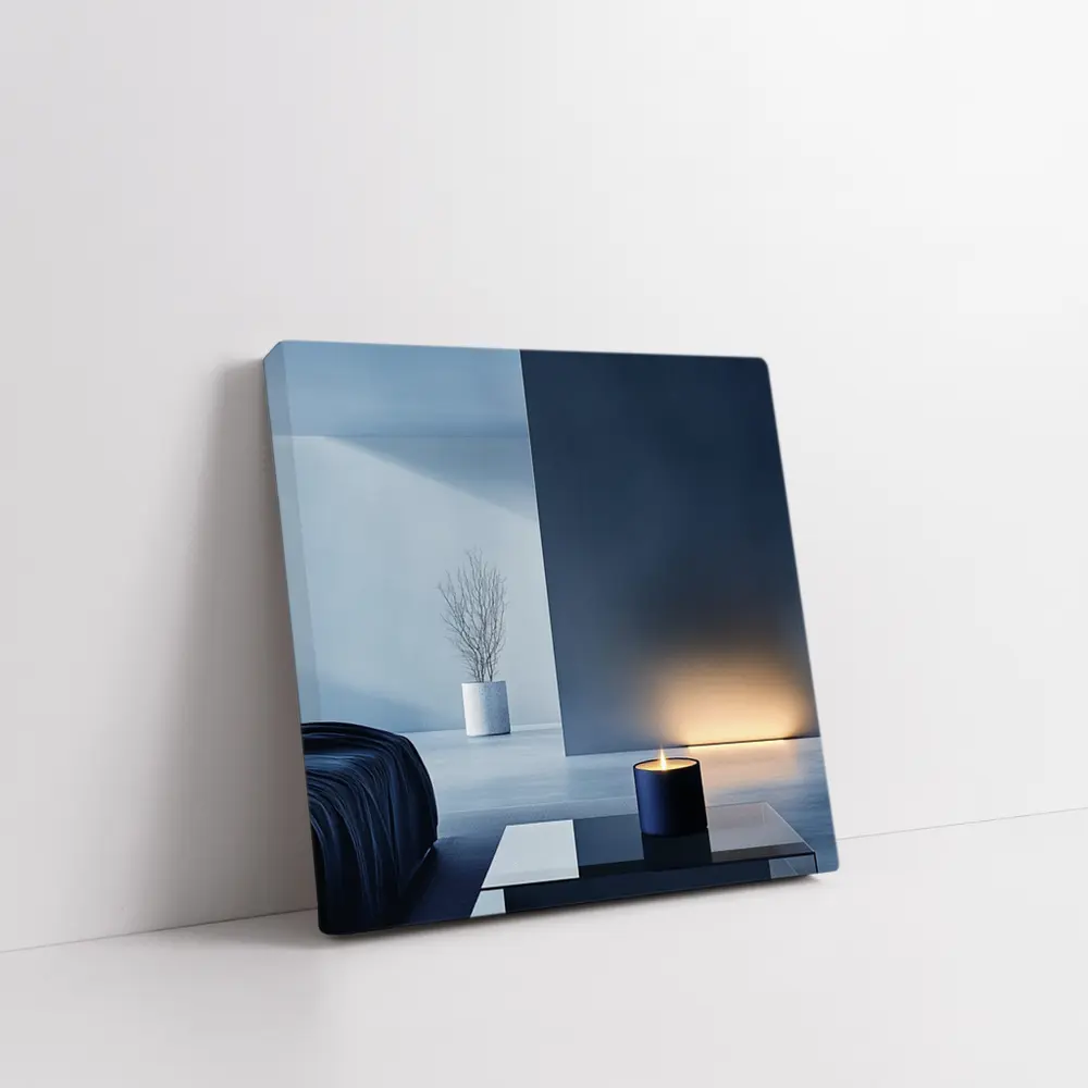 Minimal Dark Blue Room Glowing Candle – Wall Art