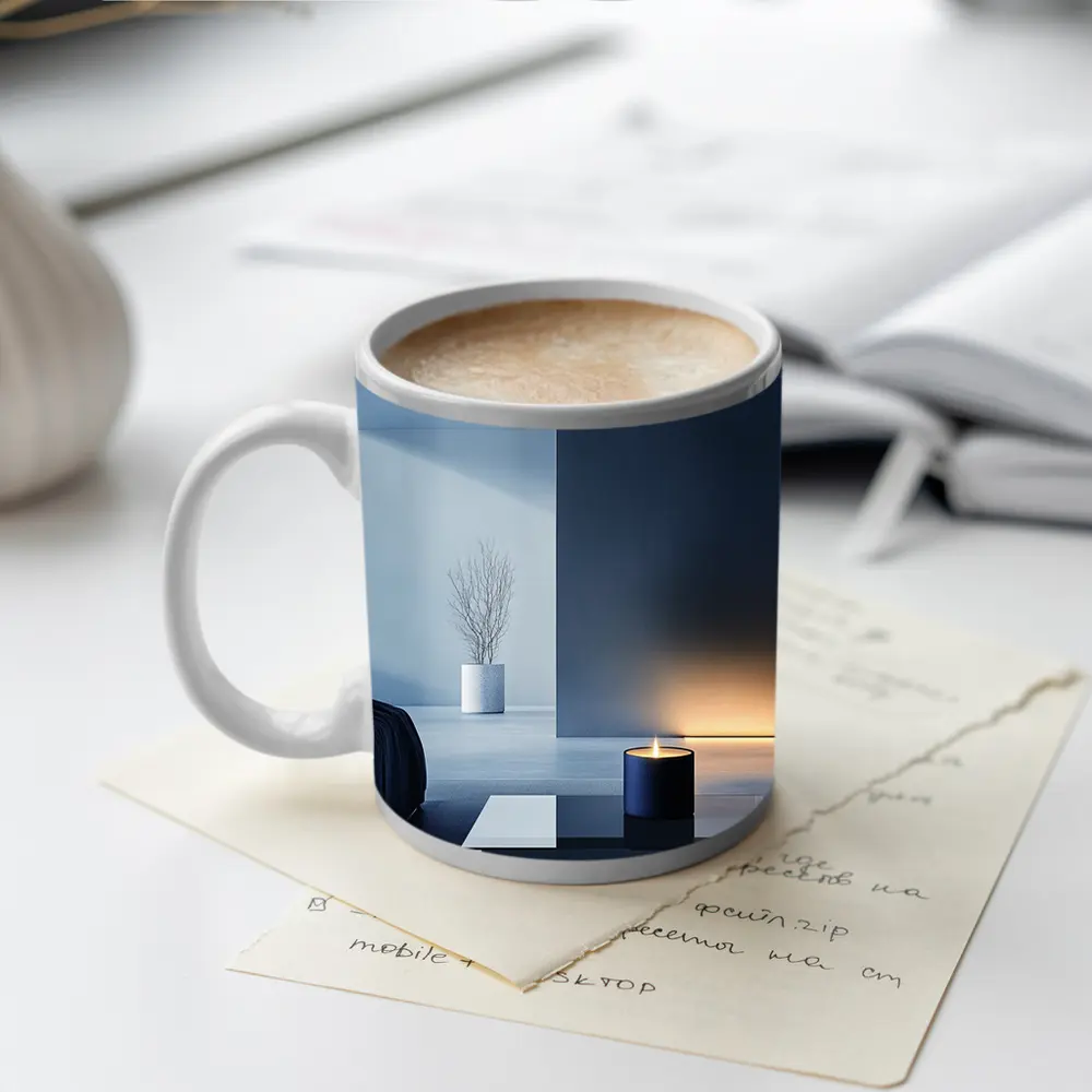 Minimal Dark Blue Room Glowing Candle – Mugs