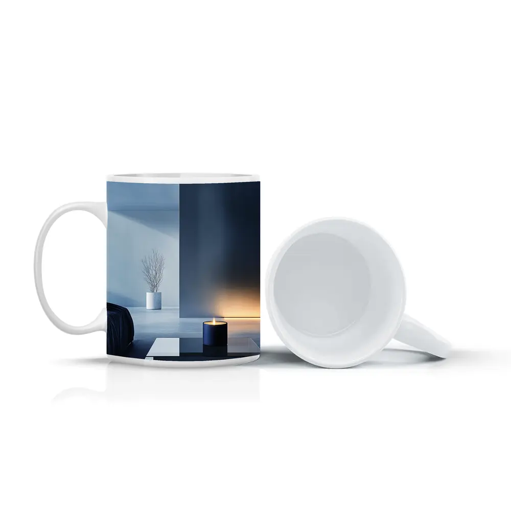 Minimal Dark Blue Room Glowing Candle – Mugs