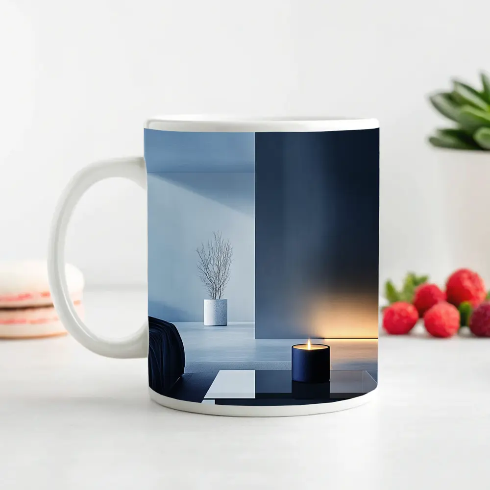 Minimal Dark Blue Room Glowing Candle – Mugs
