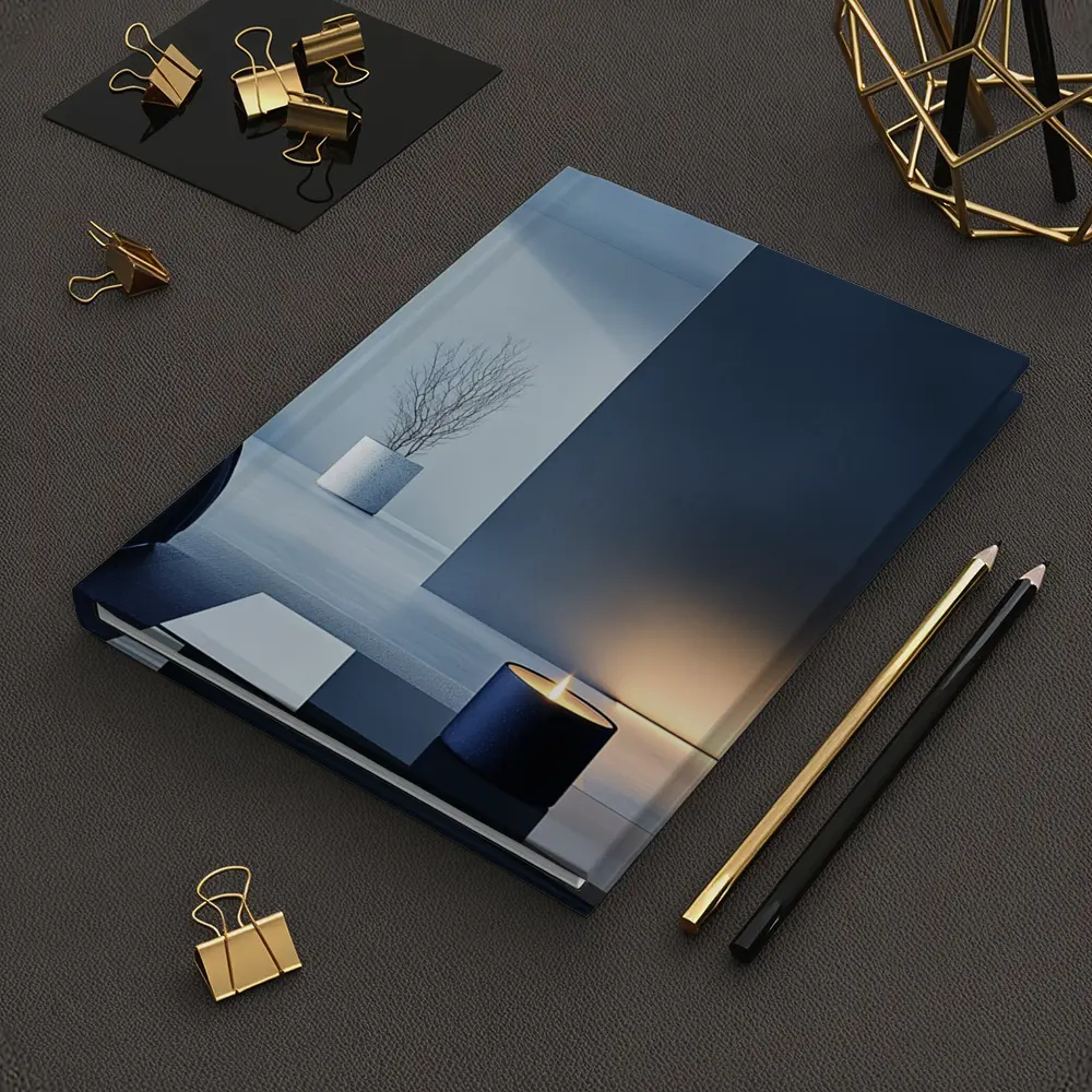 Minimal Dark Blue Room Glowing Candle – Notebooks