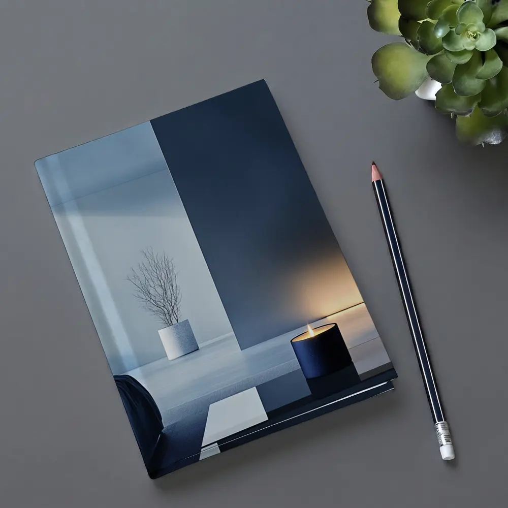 Minimal Dark Blue Room Glowing Candle – Notebooks
