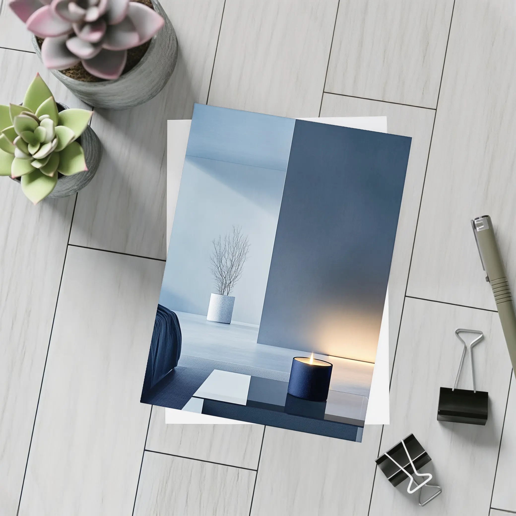 Minimal Dark Blue Room Glowing Candle – Postcards