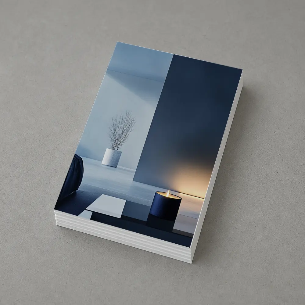 Minimal Dark Blue Room Glowing Candle – Postcards