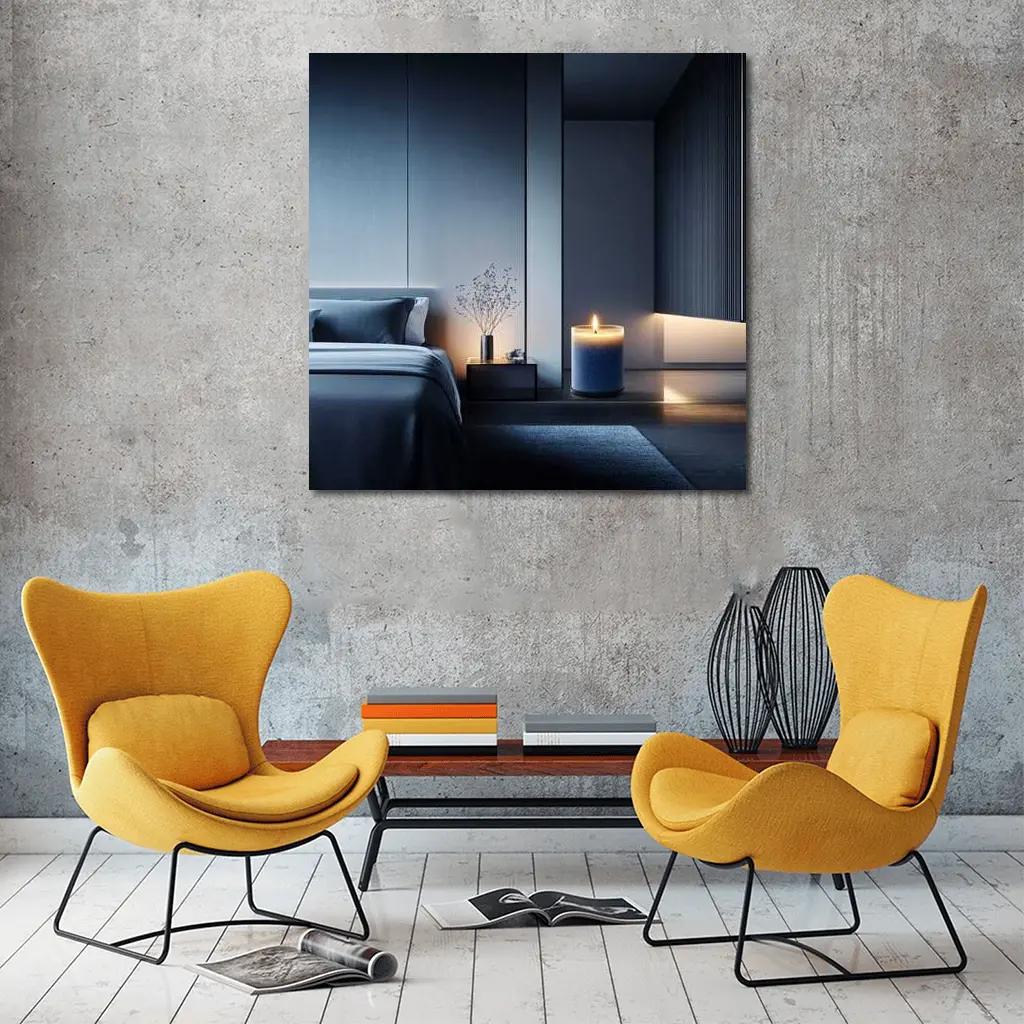 Blue Candle Glowing in Dark Modern Bedroom – Wall Art