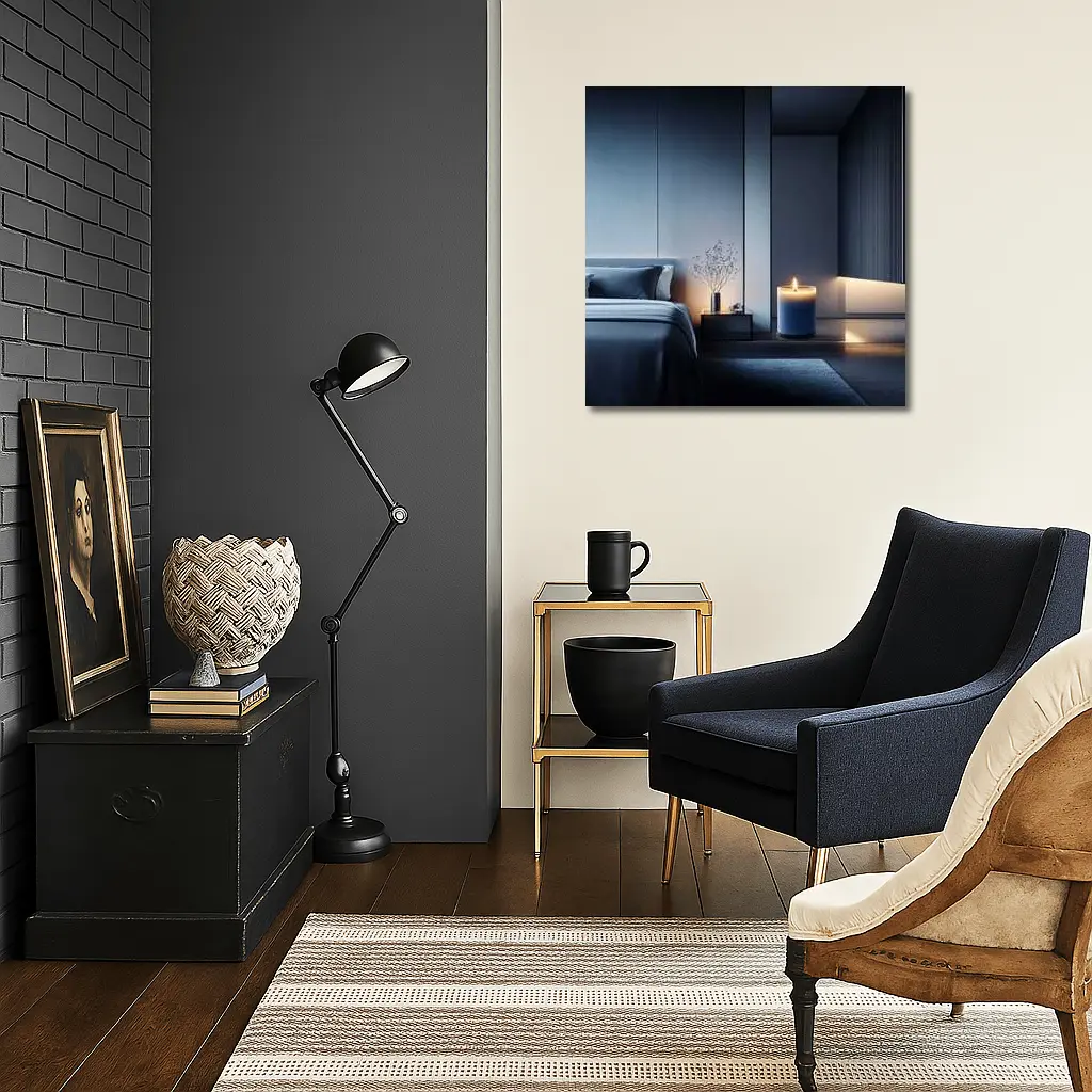 Blue Candle Glowing in Dark Modern Bedroom – Wall Art