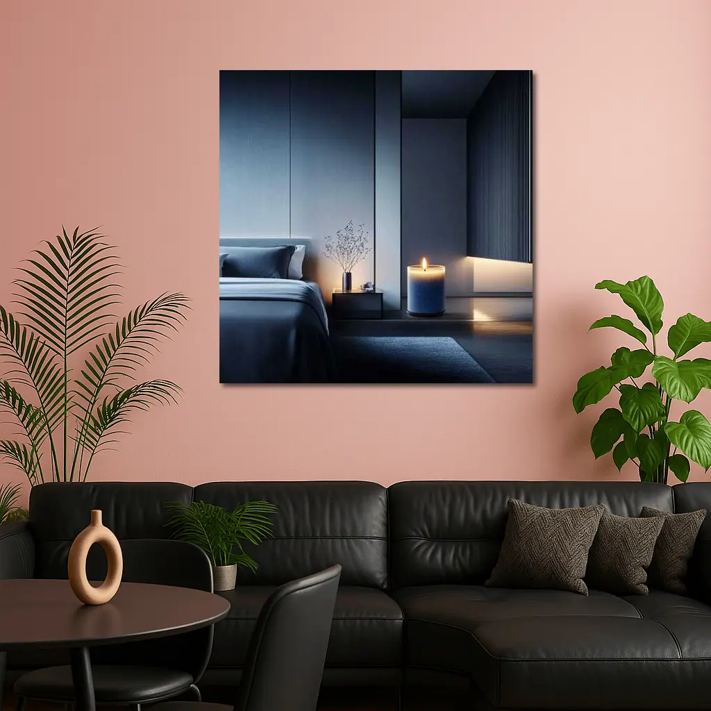 Blue Candle Glowing in Dark Modern Bedroom – Wall Art