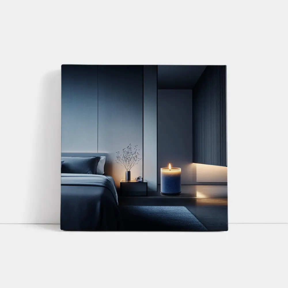 Blue Candle Glowing in Dark Modern Bedroom – Wall Art