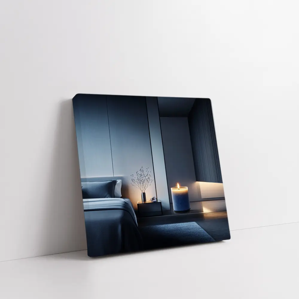 Blue Candle Glowing in Dark Modern Bedroom – Wall Art