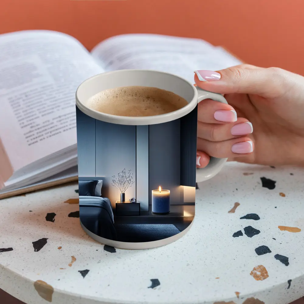 Blue Candle Glowing in Dark Modern Bedroom – Mugs