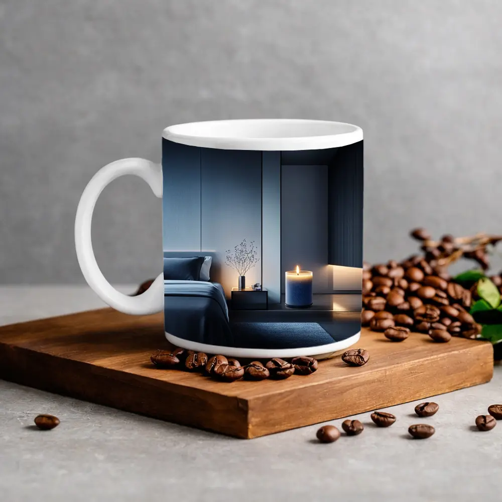 Blue Candle Glowing in Dark Modern Bedroom – Mugs