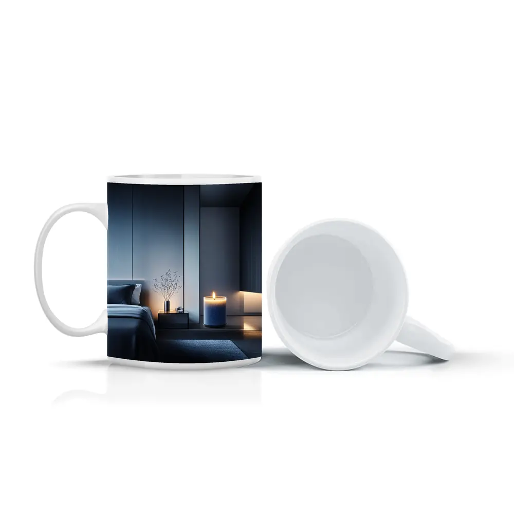 Blue Candle Glowing in Dark Modern Bedroom – Mugs