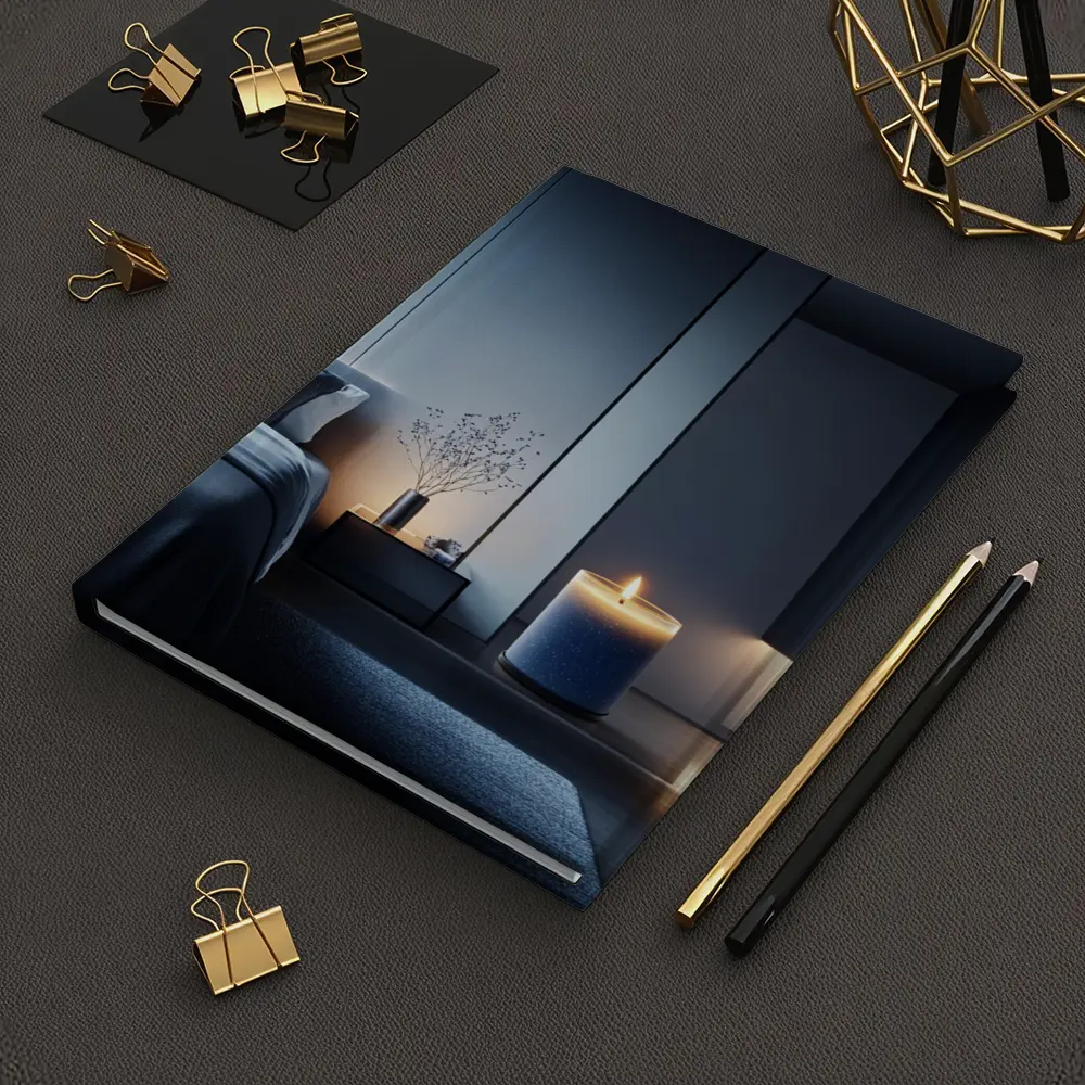 Blue Candle Glowing in Dark Modern Bedroom – Notebooks