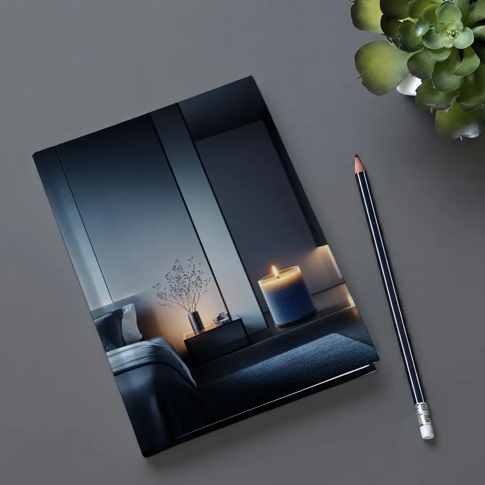 Blue Candle Glowing in Dark Modern Bedroom – Notebooks